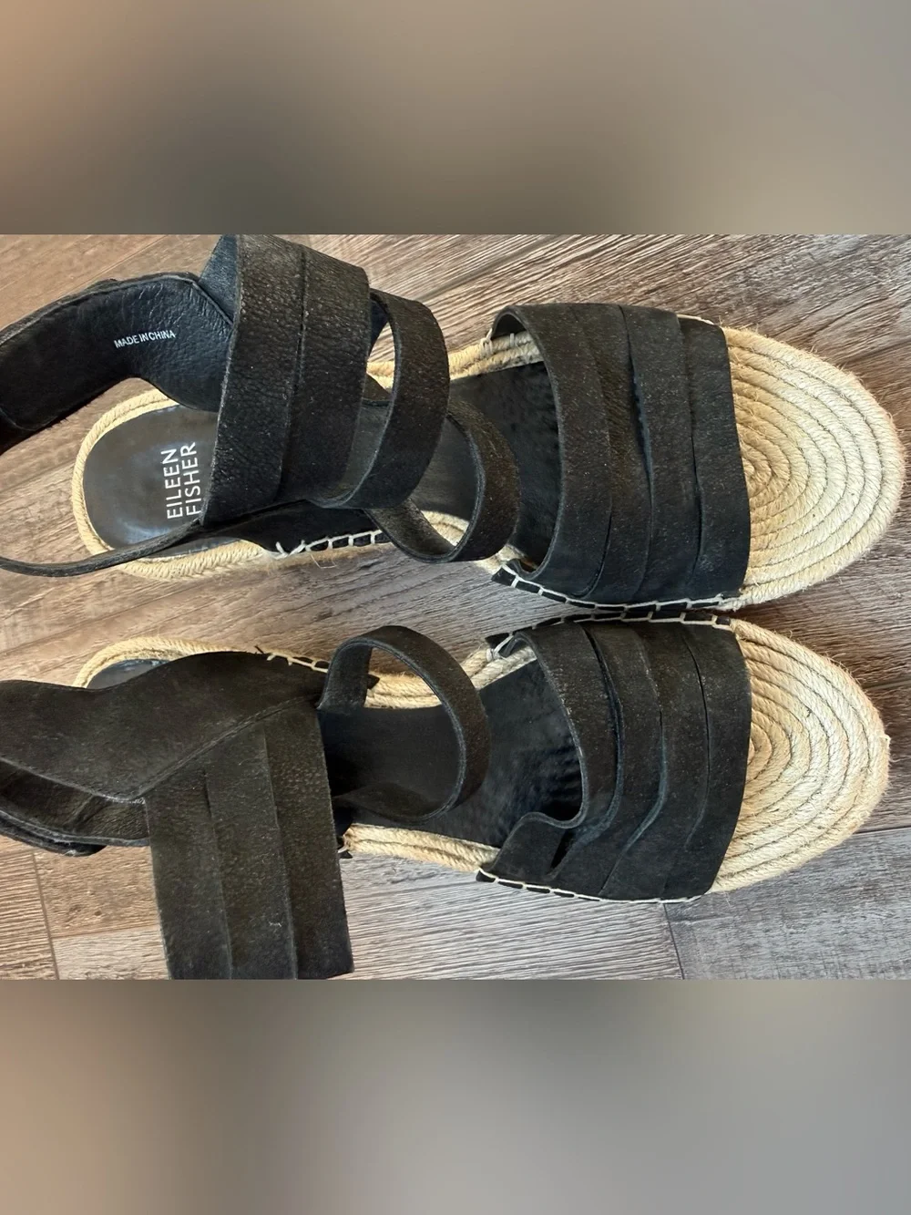 Eileen Fisher Black Suede Layered Espadrille Wedge Sandals